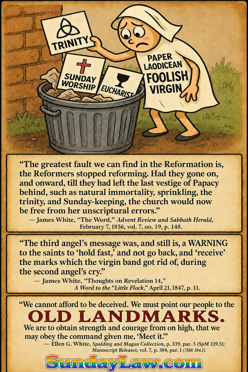 Illustrated poster of a paper Laodicean foolish virgin discarding doctrinal cards, with pioneer quotations calling readers to hold the old landmarks.
